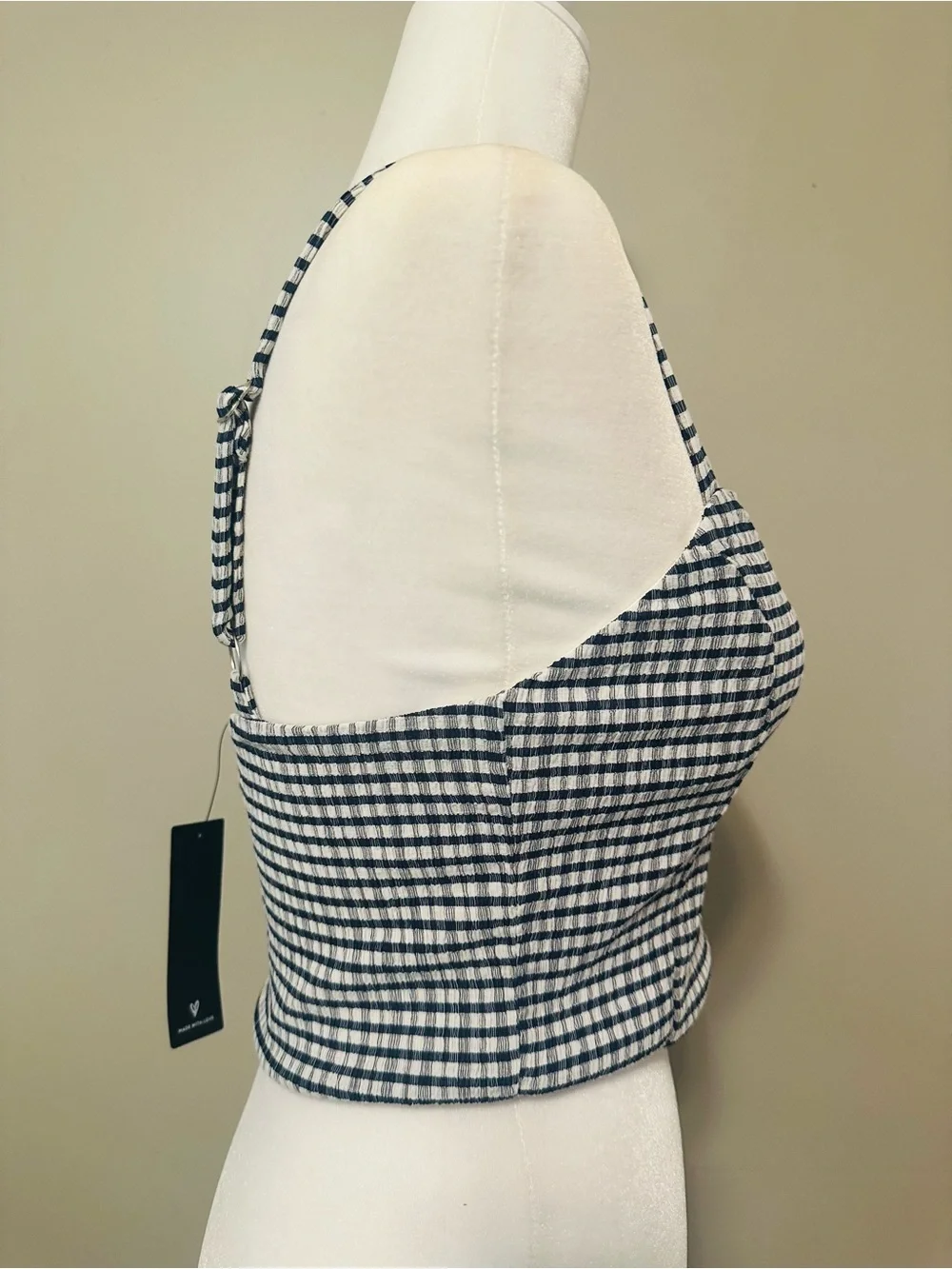 NWT Navy Blue Gingham Square Neck Cropped Tank Top - Small
